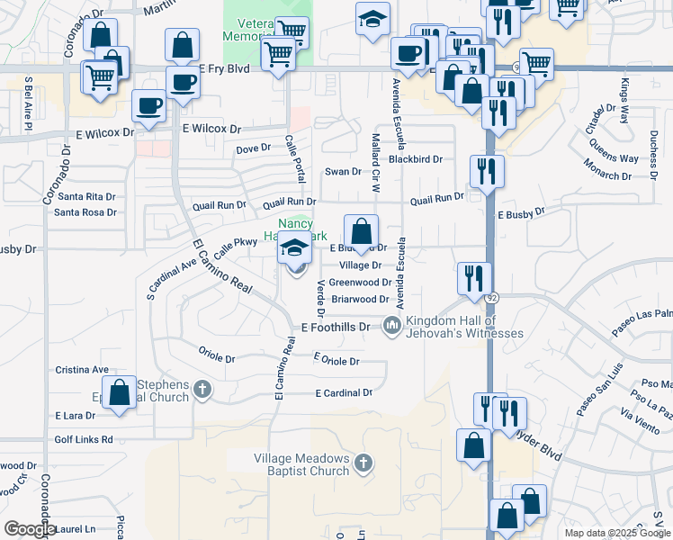 map of restaurants, bars, coffee shops, grocery stores, and more near 3324 Village Drive in Sierra Vista