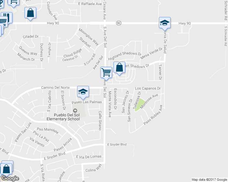map of restaurants, bars, coffee shops, grocery stores, and more near 856 Escondido Drive in Sierra Vista