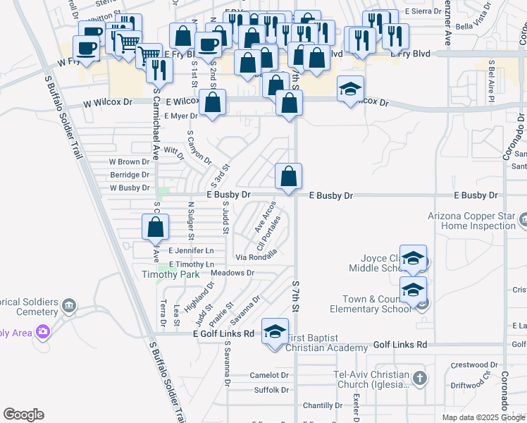 map of restaurants, bars, coffee shops, grocery stores, and more near 97 Avenue Arcos in Sierra Vista