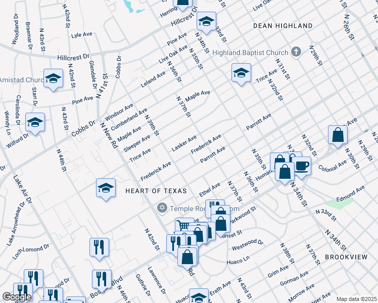map of restaurants, bars, coffee shops, grocery stores, and more near 3801 Frederick Avenue in Waco