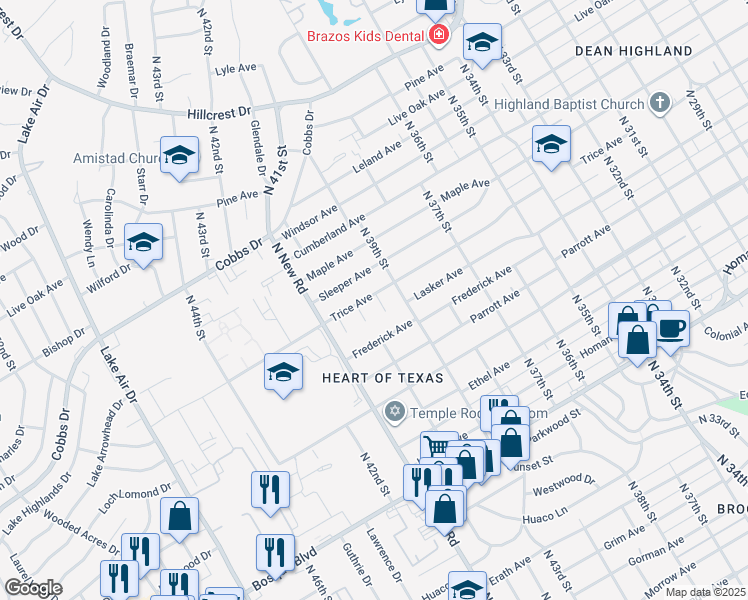 map of restaurants, bars, coffee shops, grocery stores, and more near 3920 Trice Avenue in Waco