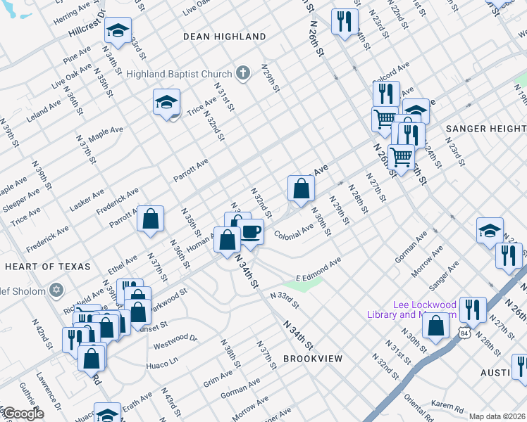 map of restaurants, bars, coffee shops, grocery stores, and more near 3200 Homan Avenue in Waco