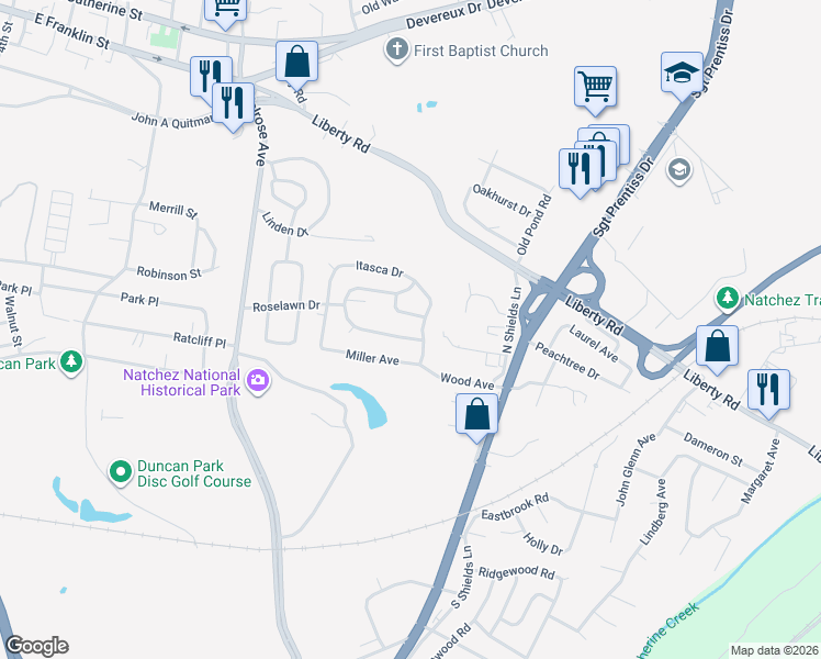 map of restaurants, bars, coffee shops, grocery stores, and more near 2901 Roselawn Drive in Natchez