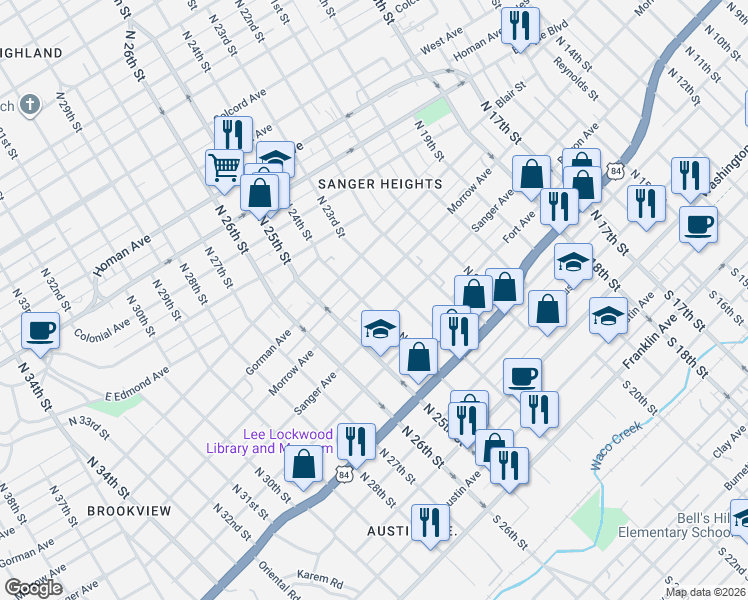 map of restaurants, bars, coffee shops, grocery stores, and more near 2324 Morrow Ave in Waco