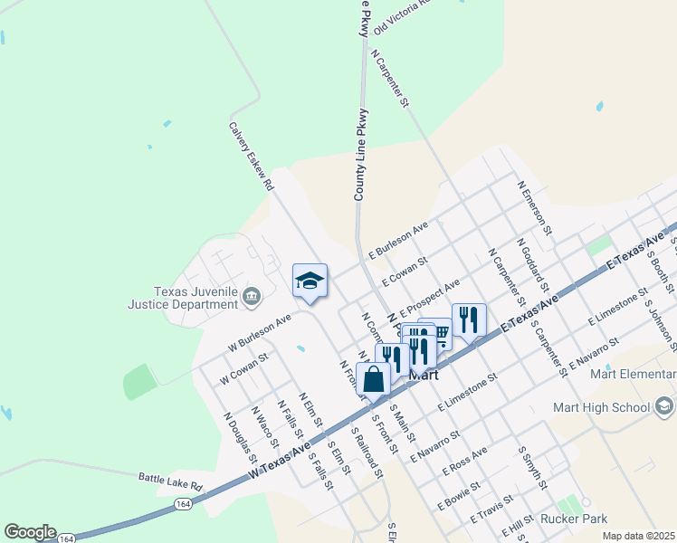 map of restaurants, bars, coffee shops, grocery stores, and more near 390 East Burleson Avenue in Mart