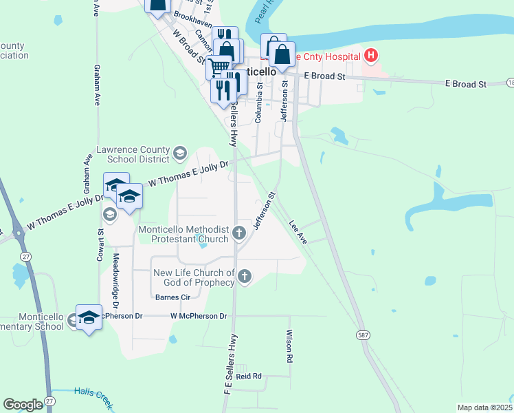 map of restaurants, bars, coffee shops, grocery stores, and more near 700 Jefferson Street in Monticello