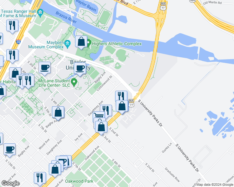 map of restaurants, bars, coffee shops, grocery stores, and more near 66 Daughtrey Avenue in Waco