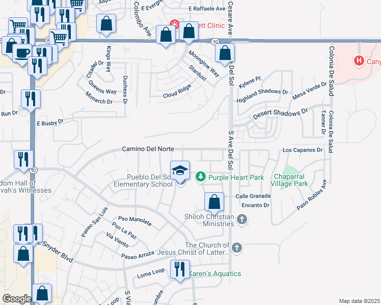 map of restaurants, bars, coffee shops, grocery stores, and more near 5134 Camino Del Norte in Sierra Vista
