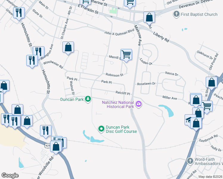 map of restaurants, bars, coffee shops, grocery stores, and more near 537 Ratcliff Place in Natchez
