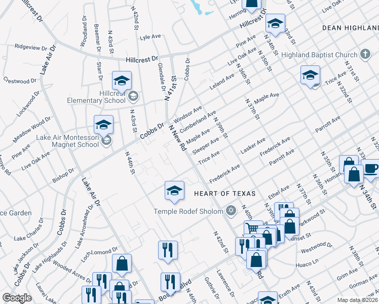 map of restaurants, bars, coffee shops, grocery stores, and more near 4033 Sleeper Avenue in Waco
