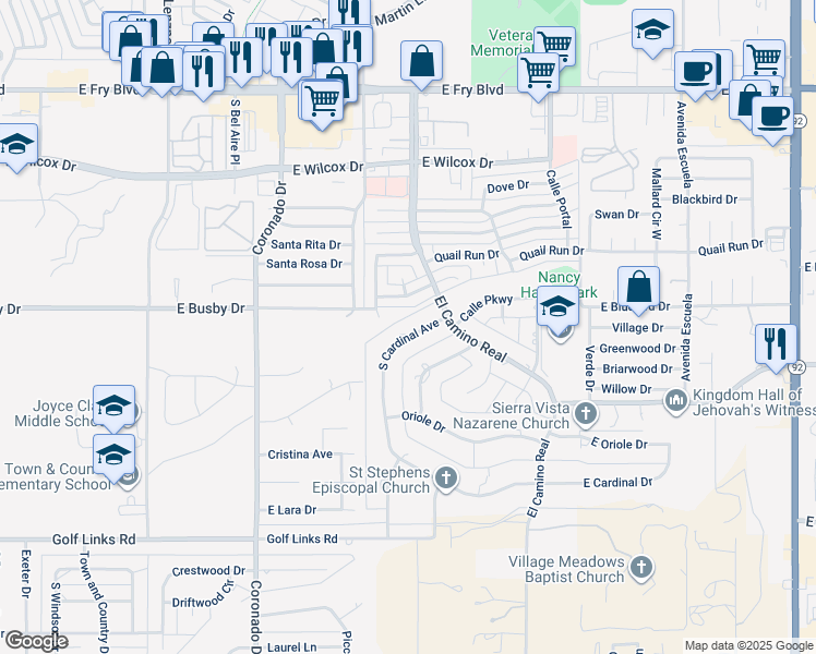 map of restaurants, bars, coffee shops, grocery stores, and more near 864 South Cardinal Avenue in Sierra Vista