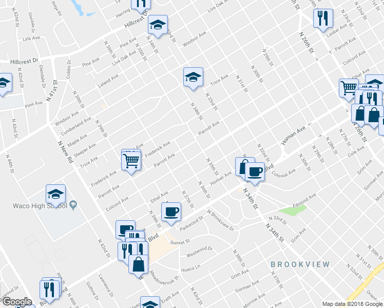 map of restaurants, bars, coffee shops, grocery stores, and more near 3521 Colcord Ave in Waco