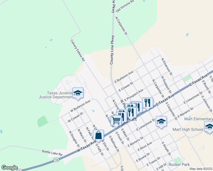 map of restaurants, bars, coffee shops, grocery stores, and more near 390 East Burleson Avenue in Mart