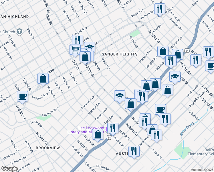 map of restaurants, bars, coffee shops, grocery stores, and more near 2406 Gorman Avenue in Waco