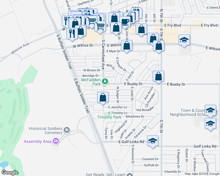 map of restaurants, bars, coffee shops, grocery stores, and more near 10 Sheila Lane in Sierra Vista