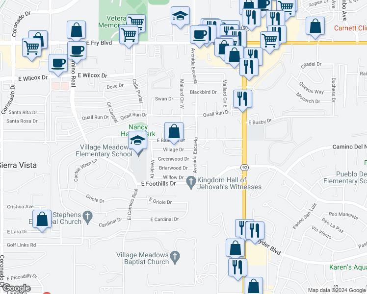 map of restaurants, bars, coffee shops, grocery stores, and more near 3523 Village Drive in Sierra Vista
