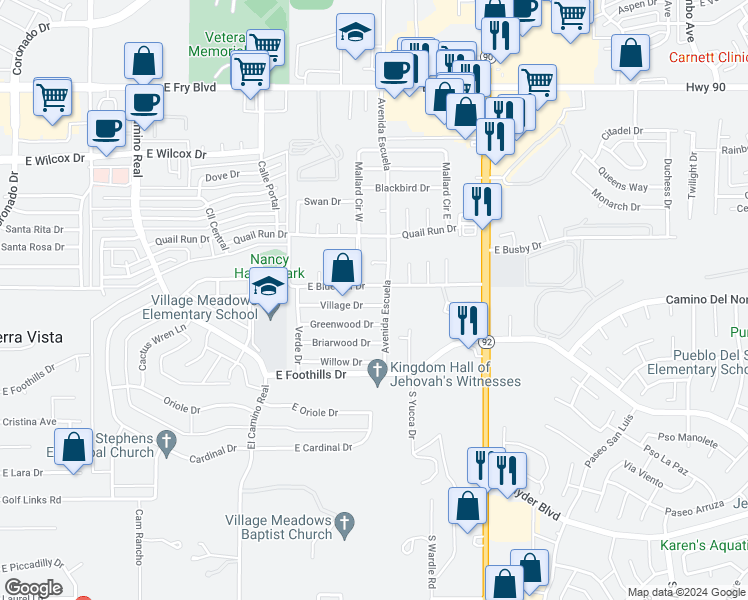 map of restaurants, bars, coffee shops, grocery stores, and more near 3571 Village Drive in Sierra Vista