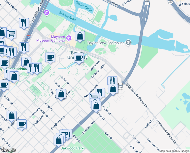 map of restaurants, bars, coffee shops, grocery stores, and more near 88 Hackberry Avenue in Waco