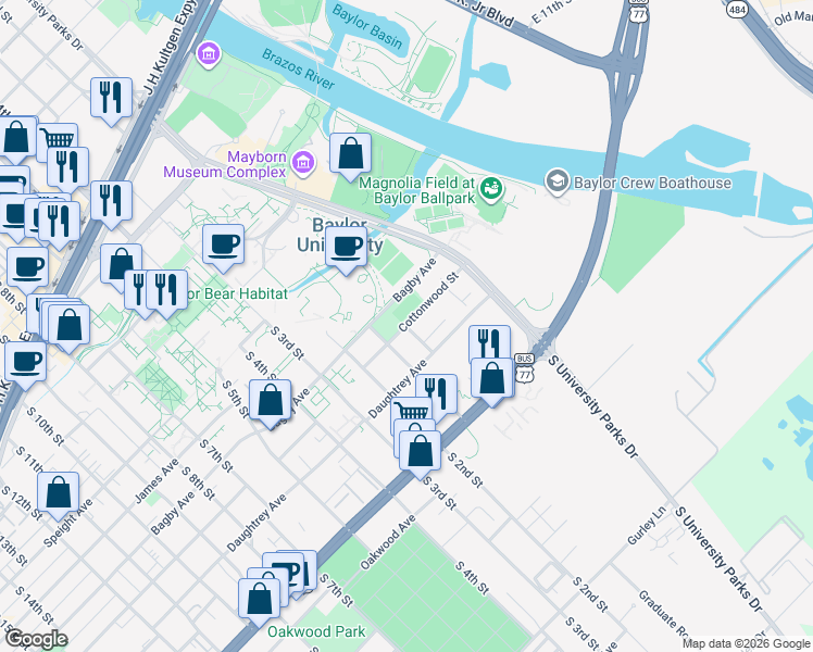 map of restaurants, bars, coffee shops, grocery stores, and more near 1828 River Street in Waco