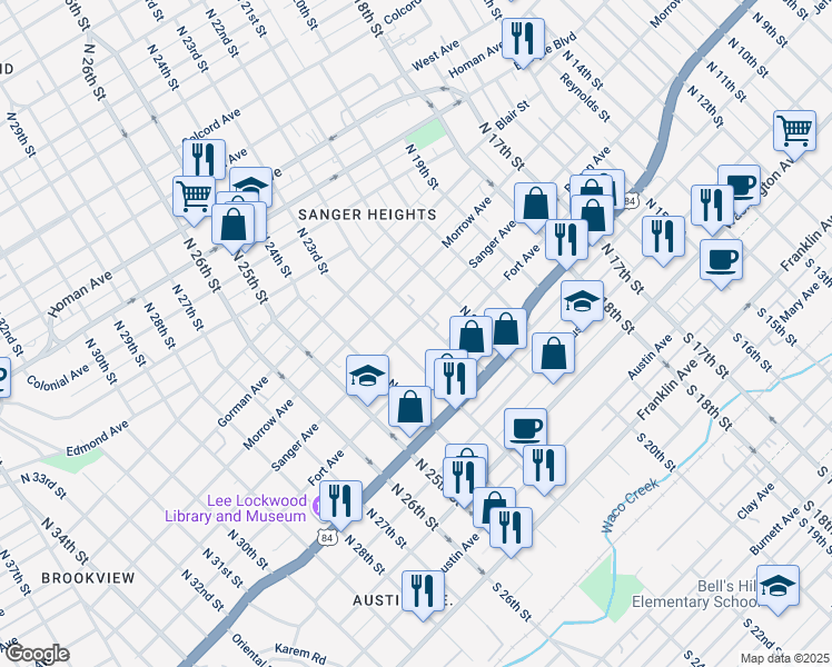map of restaurants, bars, coffee shops, grocery stores, and more near 2228 Sanger Avenue in Waco