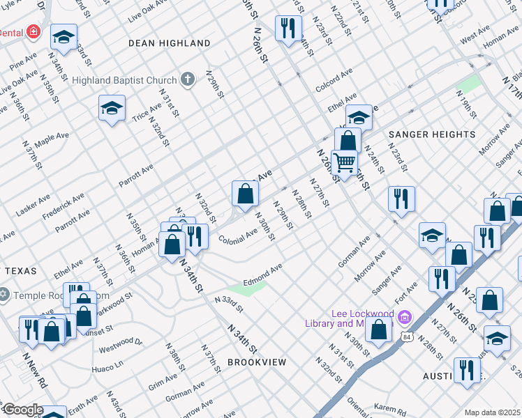 map of restaurants, bars, coffee shops, grocery stores, and more near 2920 Bosque Boulevard in Waco