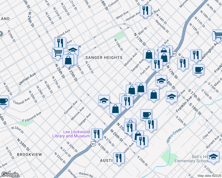 map of restaurants, bars, coffee shops, grocery stores, and more near 2225 Sanger Avenue in Waco