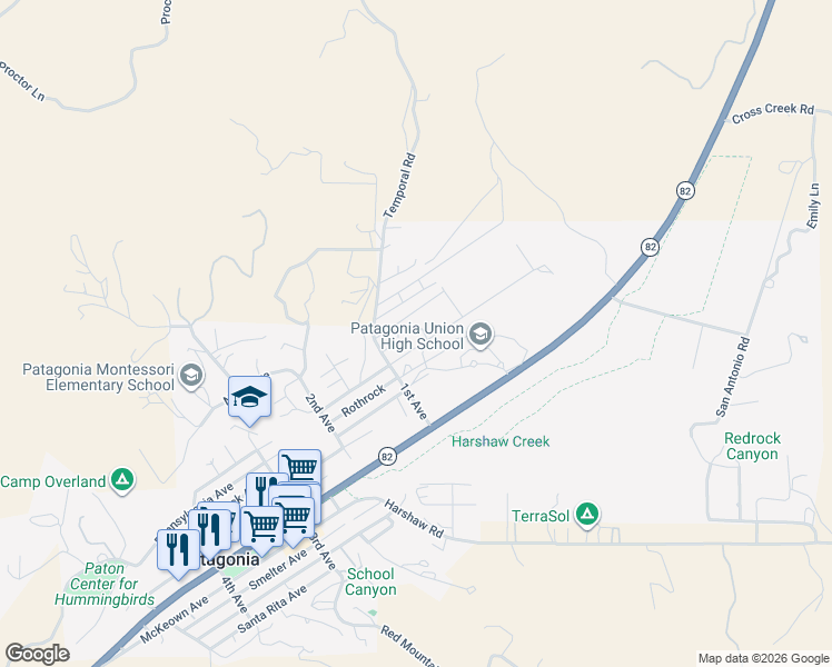 map of restaurants, bars, coffee shops, grocery stores, and more near 120 Pennsylvania Avenue in Patagonia