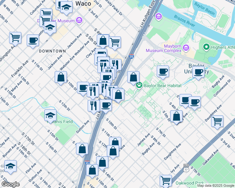map of restaurants, bars, coffee shops, grocery stores, and more near in Waco
