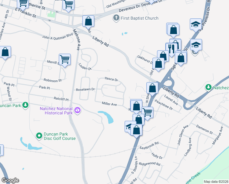 map of restaurants, bars, coffee shops, grocery stores, and more near 2901-2937 Roselawn Drive in Natchez