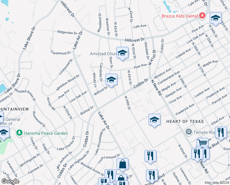 map of restaurants, bars, coffee shops, grocery stores, and more near 4601 Cobbs Drive in Waco