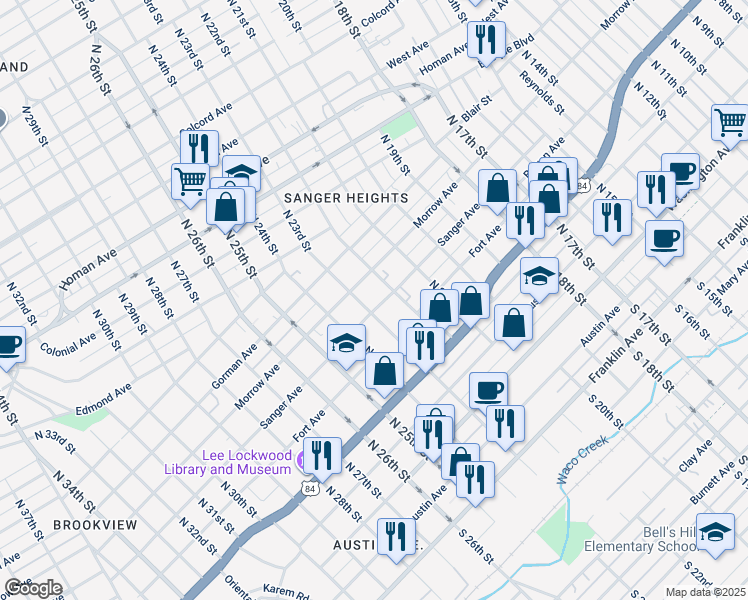 map of restaurants, bars, coffee shops, grocery stores, and more near 2228 Sanger Avenue in Waco