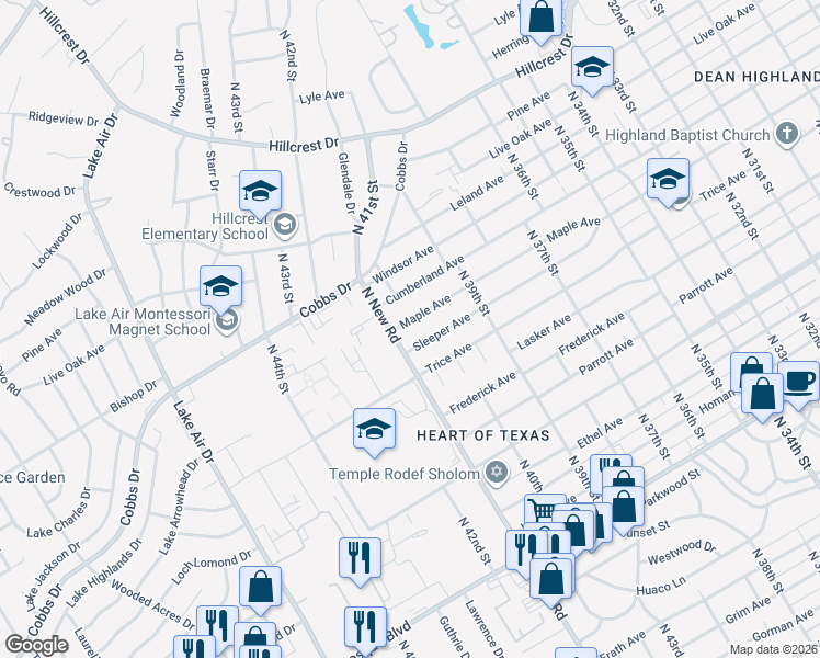 map of restaurants, bars, coffee shops, grocery stores, and more near 4033 Sleeper Avenue in Waco