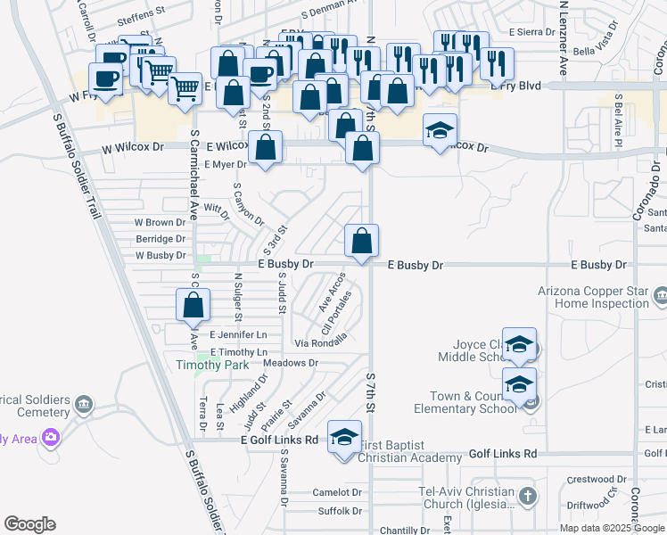 map of restaurants, bars, coffee shops, grocery stores, and more near 97 Avenue Arcos in Sierra Vista
