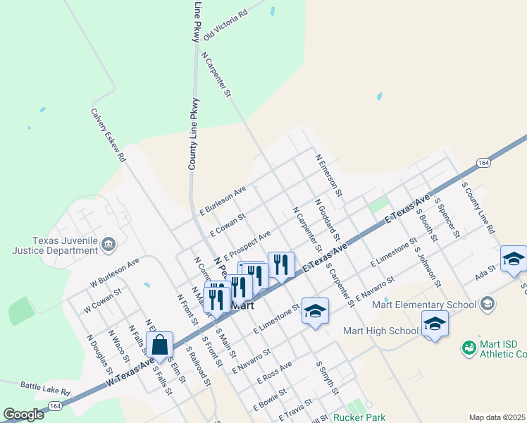 map of restaurants, bars, coffee shops, grocery stores, and more near 701 East Cowan Street in Mart