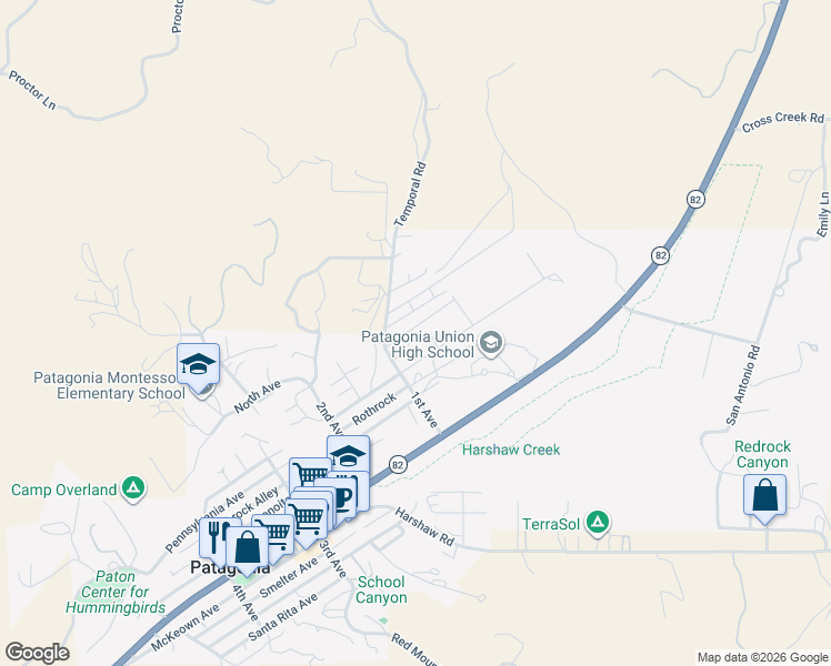 map of restaurants, bars, coffee shops, grocery stores, and more near 140 Three R Avenue in Patagonia