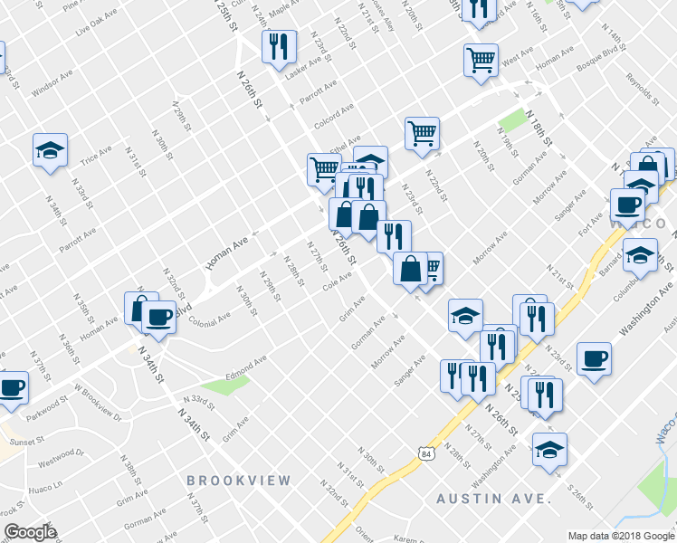map of restaurants, bars, coffee shops, grocery stores, and more near 2608 Colonial Avenue in Waco