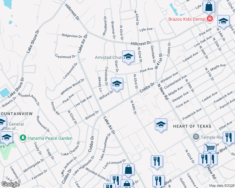 map of restaurants, bars, coffee shops, grocery stores, and more near 4601 Cobbs Drive in Waco