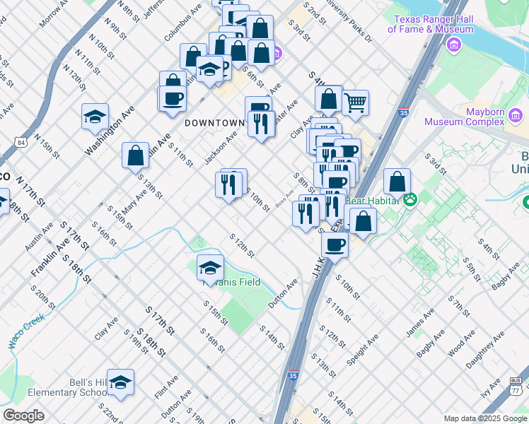 map of restaurants, bars, coffee shops, grocery stores, and more near 717 South 9th Street in Waco