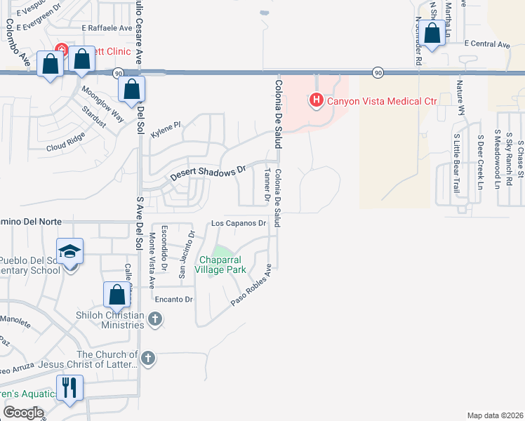 map of restaurants, bars, coffee shops, grocery stores, and more near 747 Temple Drive in Sierra Vista