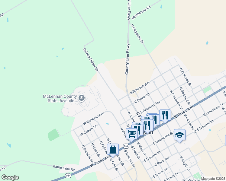 map of restaurants, bars, coffee shops, grocery stores, and more near 532 Calvery Eskew Road in Mart