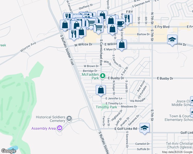 map of restaurants, bars, coffee shops, grocery stores, and more near 165 West Busby Drive in Sierra Vista
