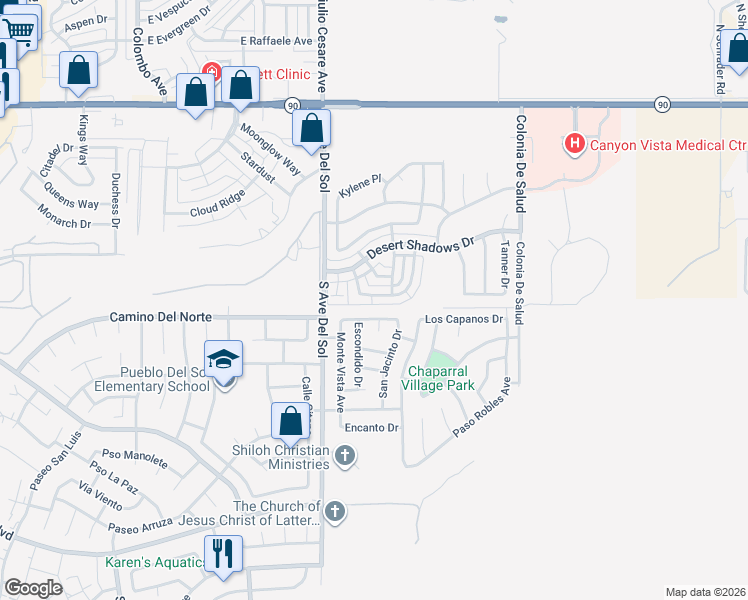 map of restaurants, bars, coffee shops, grocery stores, and more near 760 South Sunset Vista Drive in Sierra Vista