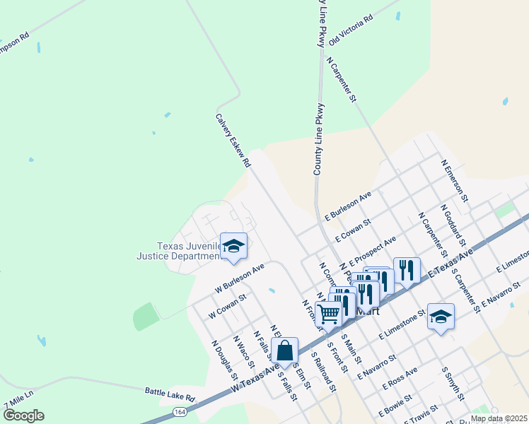 map of restaurants, bars, coffee shops, grocery stores, and more near 617 Calvery Eskew Rd in Mart