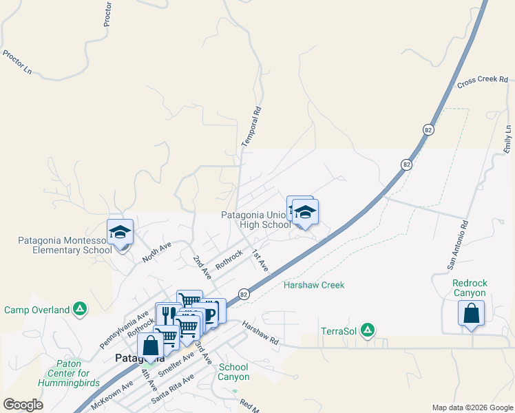map of restaurants, bars, coffee shops, grocery stores, and more near 140 Three R Avenue in Patagonia