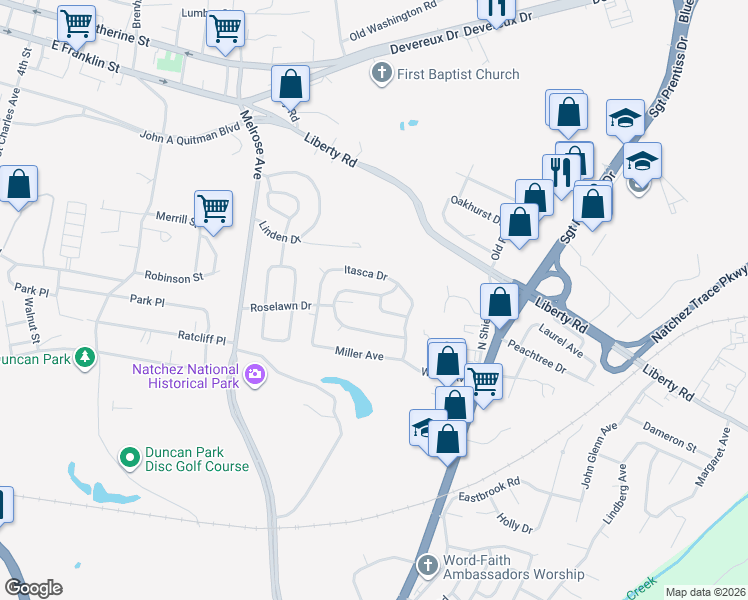 map of restaurants, bars, coffee shops, grocery stores, and more near 2809 Marquette Avenue in Natchez