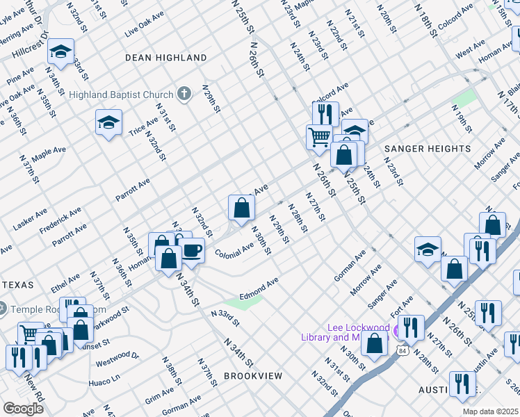 map of restaurants, bars, coffee shops, grocery stores, and more near 2913 Bosque Boulevard in Waco