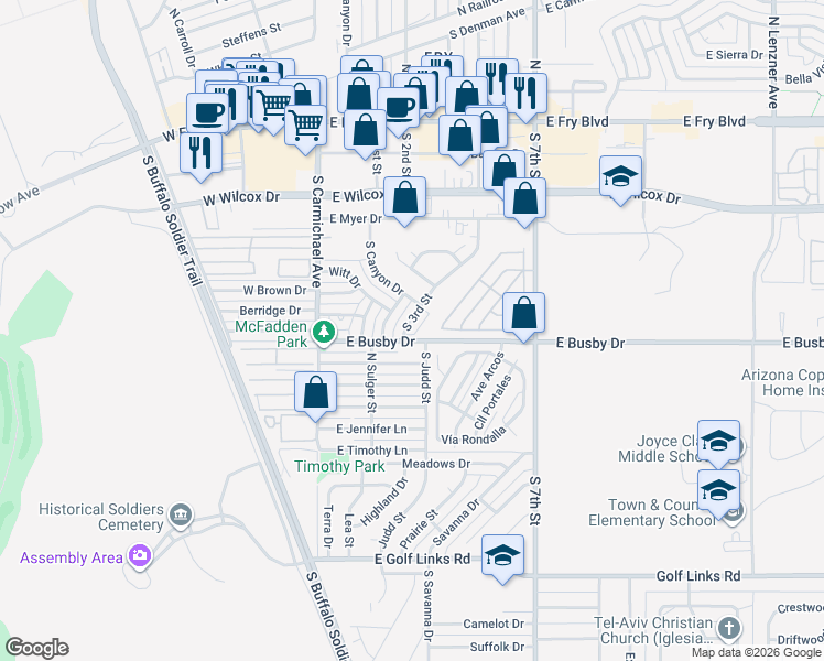 map of restaurants, bars, coffee shops, grocery stores, and more near 610 South 3rd Street in Sierra Vista