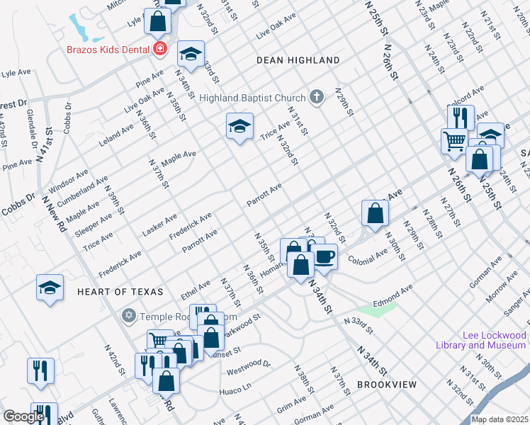 map of restaurants, bars, coffee shops, grocery stores, and more near 3401 Colcord Ave in Waco