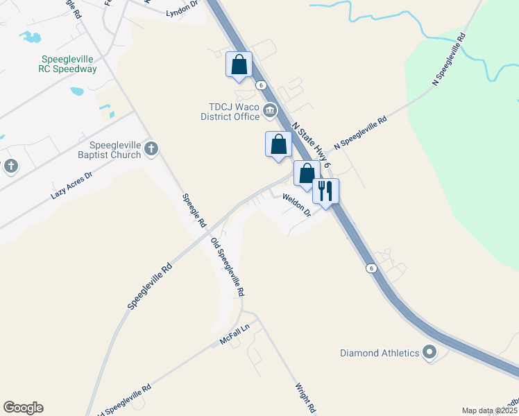 map of restaurants, bars, coffee shops, grocery stores, and more near 289 Speegleville Road in Waco