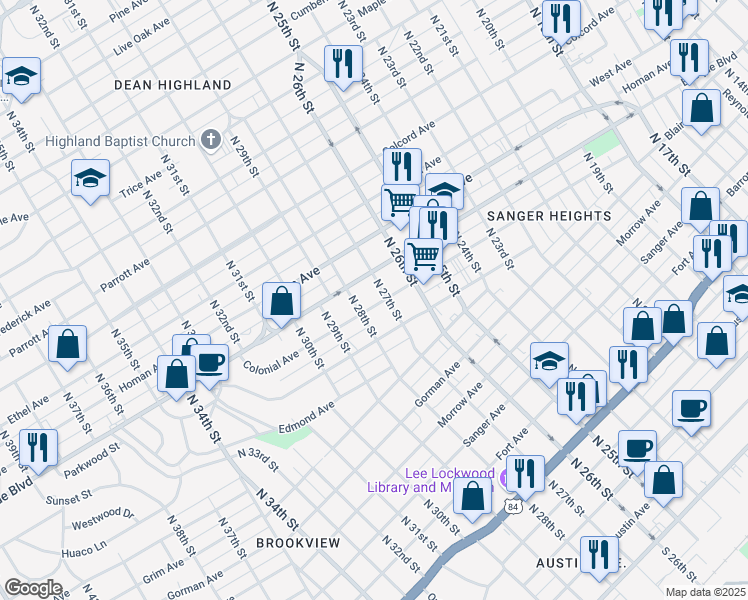 map of restaurants, bars, coffee shops, grocery stores, and more near 2709 Colonial Avenue in Waco